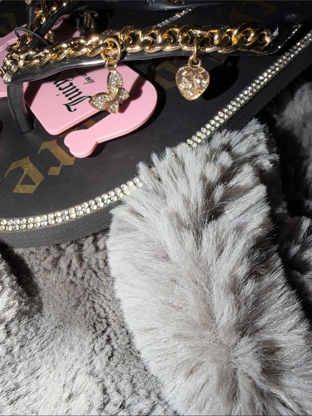 Juicy Couture Black Flip Flops with Gold Script & Chain